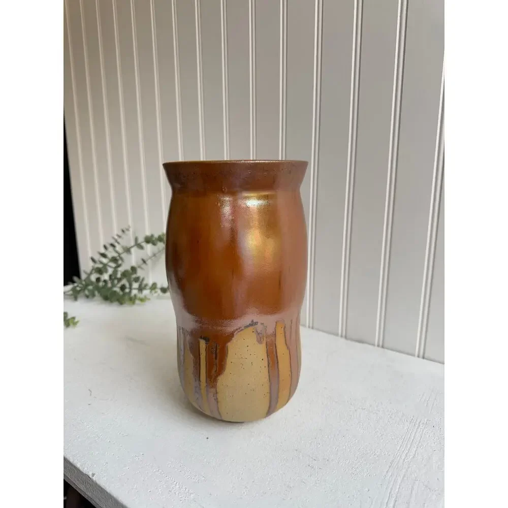 Alton Art Pottery Handmade Brown Drip Glaze Vase Rustic Primitive Organic Modern
